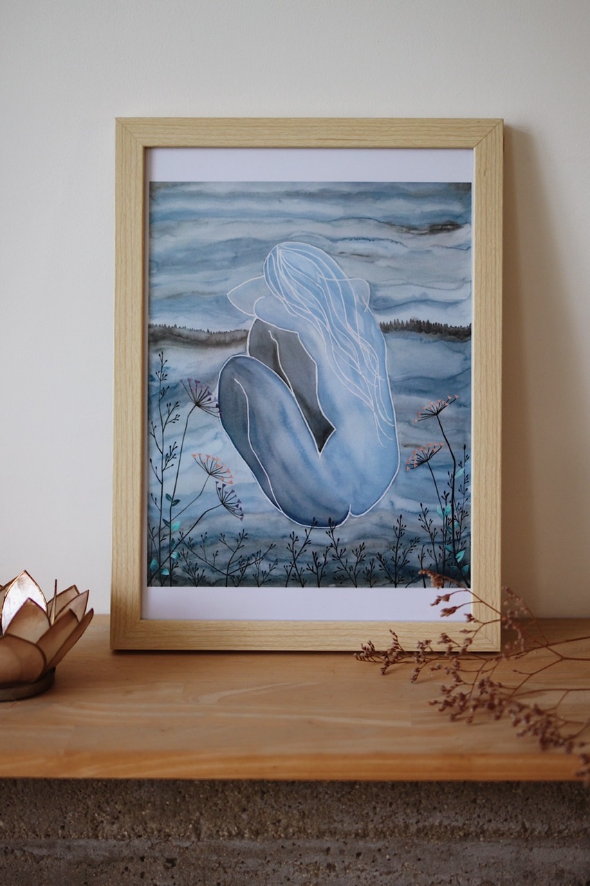 Print A4 encadré de l’aquarelle « Introspection » de la série « Féminin sacré »
