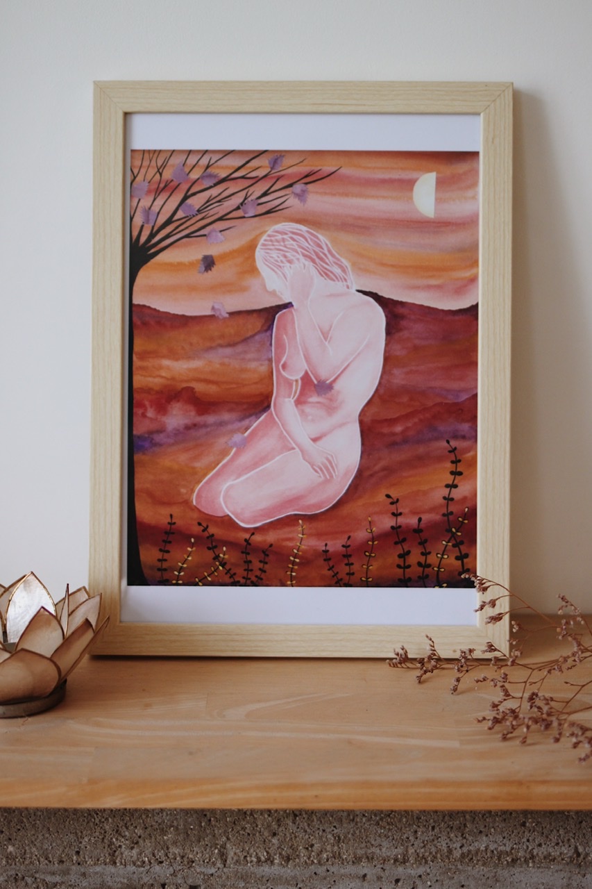 Print A4 encadré de l’aquarelle « Sensualité » de la série « Féminin sacré »