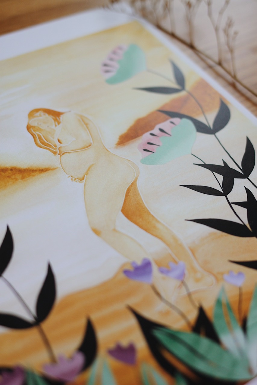 Détail du print A6 de l’aquarelle « Maternité » de la série « Féminin sacré »